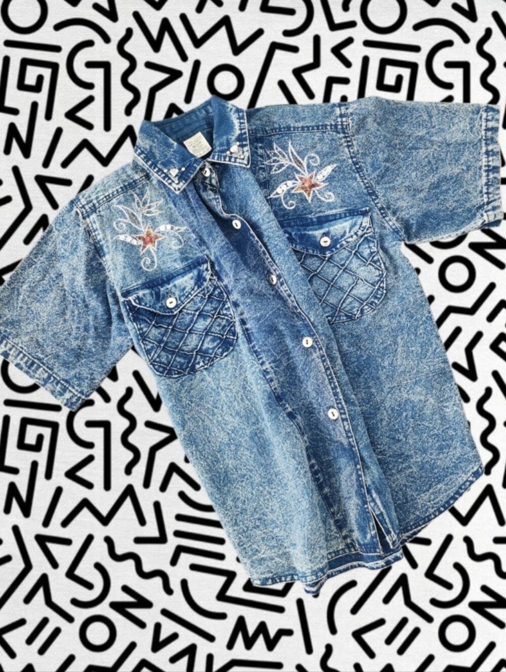 Embroidered Acid-Wash Denim Shirt